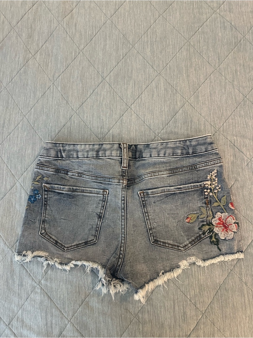 Express Women's Embroidered Frayed Hem Denim Shorts - Light Blue - Picture 2 of 6